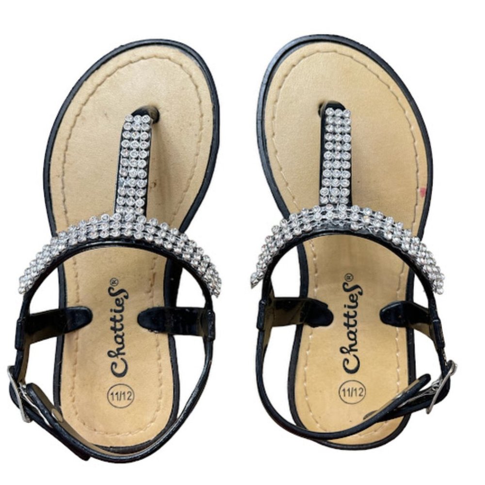 GUC Chatties Girls black and rhinestone sandals with strap Sz 11/12
